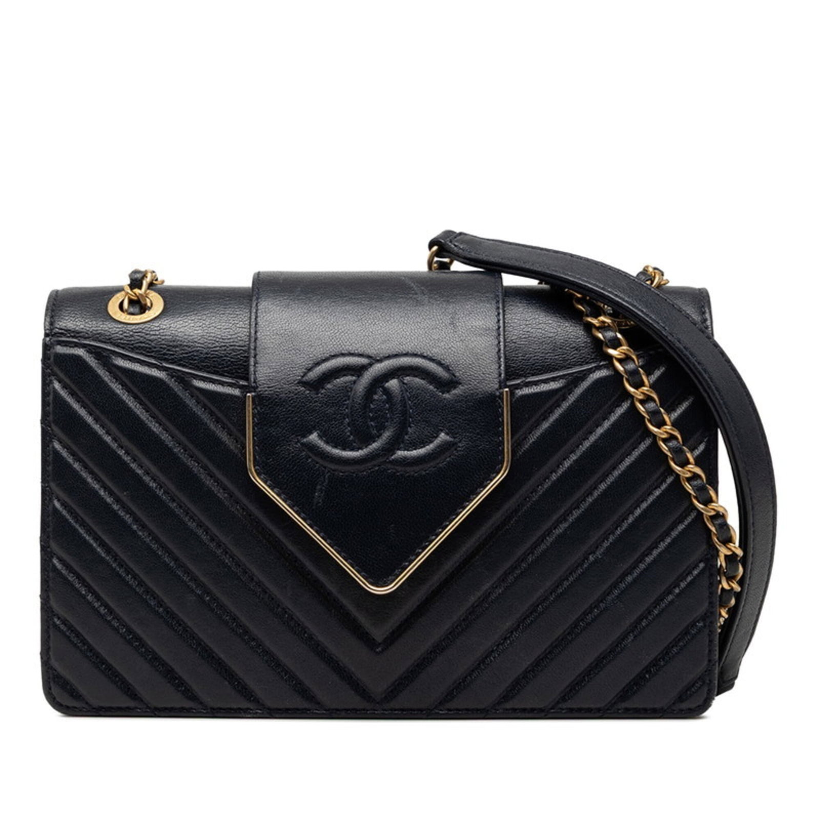 Shoulder Bag Leather Chanel: Shoulder Bag Leather Chanel Gold and Navy Leather Shoulder Bag by Chanel. This luxurious shoulder bag features high-quality leather construction, measuring 13.5cm x 21cm x 6cm in size. The iconic desi