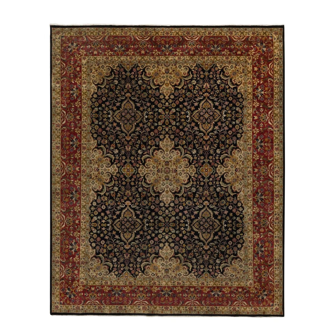 Black Hand Knotted Rug New Zealand Wool 8'x9'10" Kishoon Revival KPSI: Black Hand Knotted Rug New Zealand Wool 8'x9'10" Kishoon Revival KPSI Black Hand Knotted Wool Rug from the Kishoon Revival Collection, measuring 8'x9'10". This stunning piece features a rich black fie