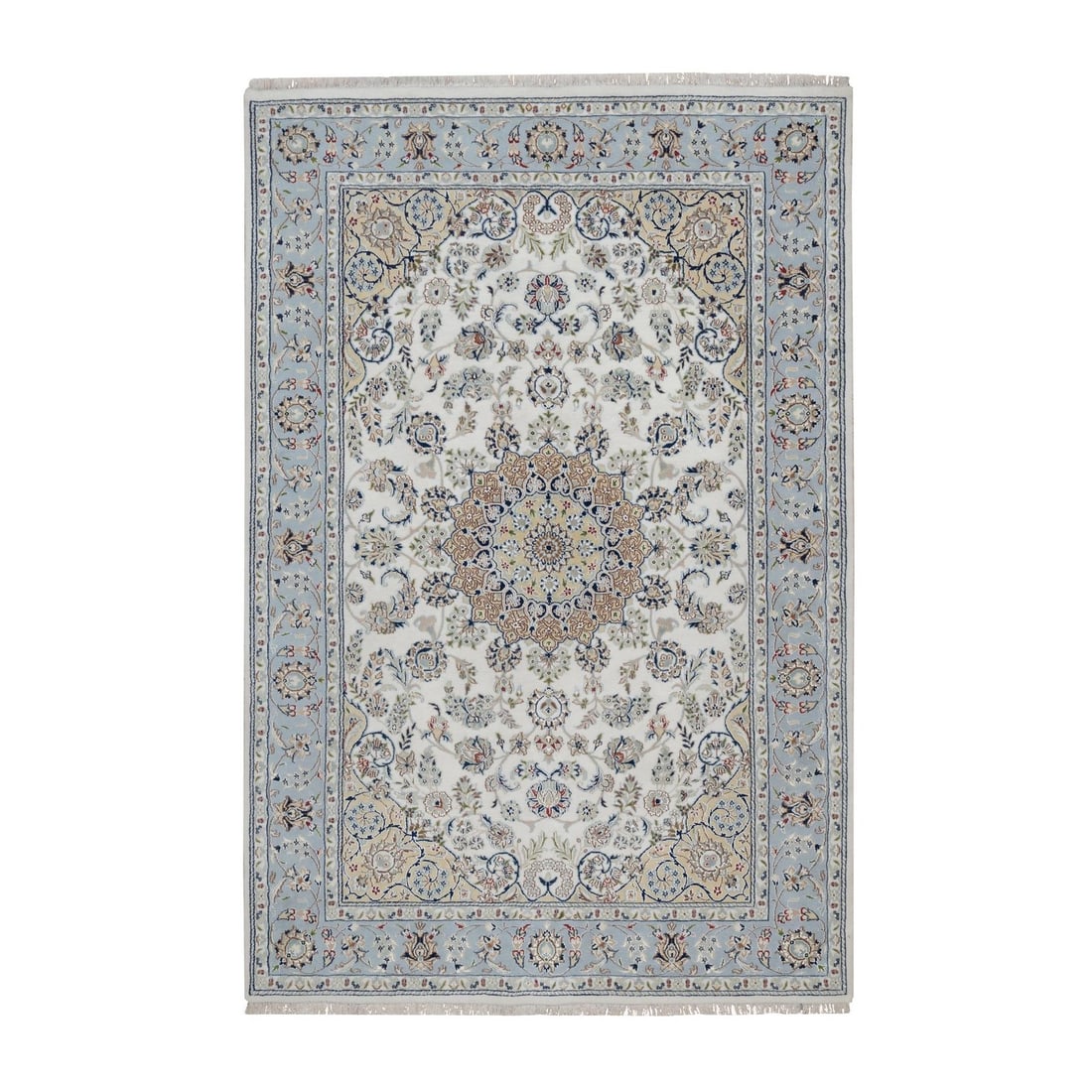 6'x9' Ivory 250 KPSI Nain Medallion Design Wool and Silk Hand Knotted Rug: 6'x9' Ivory 250 KPSI Nain Medallion Design Wool and Silk Hand Knotted Rug Ivory wool and silk hand-knotted rug with an elegant medallion design, measuring 6'0" x 9'0". This rectangular field rug featu