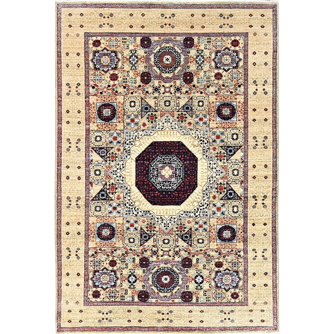 5'10"x8'10" Ecru Brown Soft Wool Hand Knotted Dynasty Design 200 KPSI Rug: 5'10"x8'10" Ecru Brown Soft Wool Hand Knotted Dynasty Design 200 KPSI Rug Ecru brown soft wool hand-knotted Mamluk-style rug with a rectangular field and yellow border, measuring 5'10" x 8'10". This 2