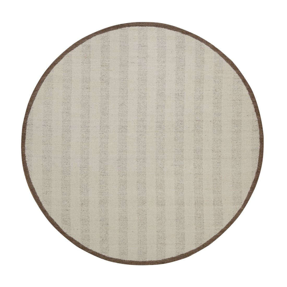 7'9"x7'9" Ivory Modern Piled Flat Weave Pure Wool Hand Knotted Round Rug: 7'9"x7'9" Ivory Modern Piled Flat Weave Pure Wool Hand Knotted Round Rug This stunning 7'9"x7'9" ivory modern piled flat weave pure wool hand knotted round rug boasts an elegant, striped design that a