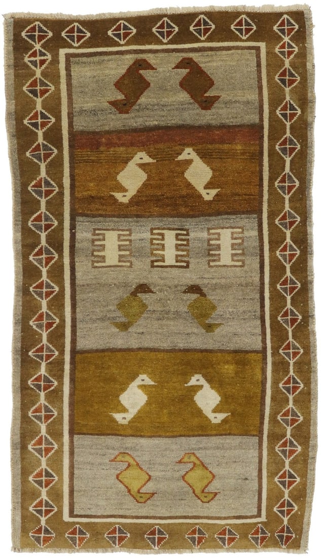 Multicolored Semi-Antique Pictorial Oriental Rug Farmhouse Carpet 3'6X6'3 Ft Hand-Knotted: Multicolored Semi-Antique Pictorial Oriental Rug Farmhouse Carpet 3'6X6'3 Ft Hand-Knotted Hand-Knotted Multicolored Semi-Antique Pictorial Oriental Rug. This vibrant, hand-knotted rug boasts a unique