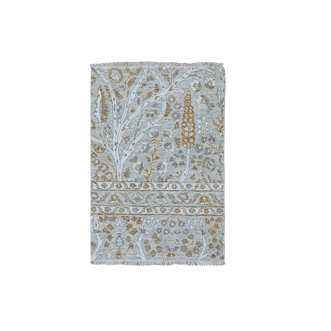 2'x3' Gray 200 KPSI Tree of Life Design Zero Pile Hand Knotted Pure Wool Mat: 2'x3' Gray 200 KPSI Tree of Life Design Zero Pile Hand Knotted Pure Wool Mat The 2'x3' Gray Tree of Life Design Zero Pile Hand Knotted Pure Wool Mat boasts a stunning all-over regional design, charact