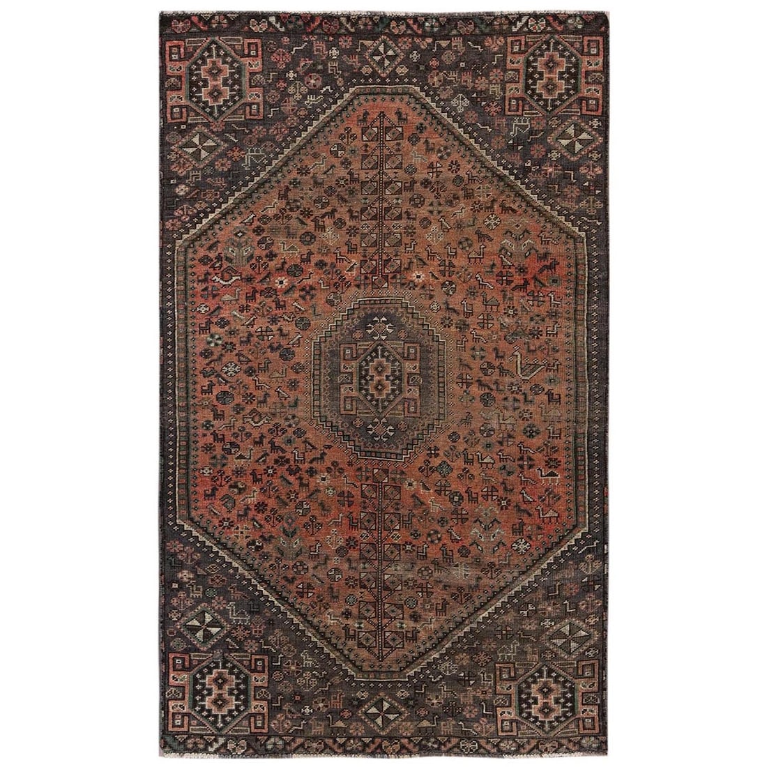 5'x8'6" Brown Vintage Zoroastrian Sheeraz Medallion Hand Knotted Wool Rug: 5'x8'6" Brown Vintage Zoroastrian Sheeraz Medallion Hand Knotted Wool Rug This stunning 5'x8'6" Brown Vintage Zoroastrian Sheeraz Medallion Hand Knotted Wool Rug boasts a rich, intricate medallion pat