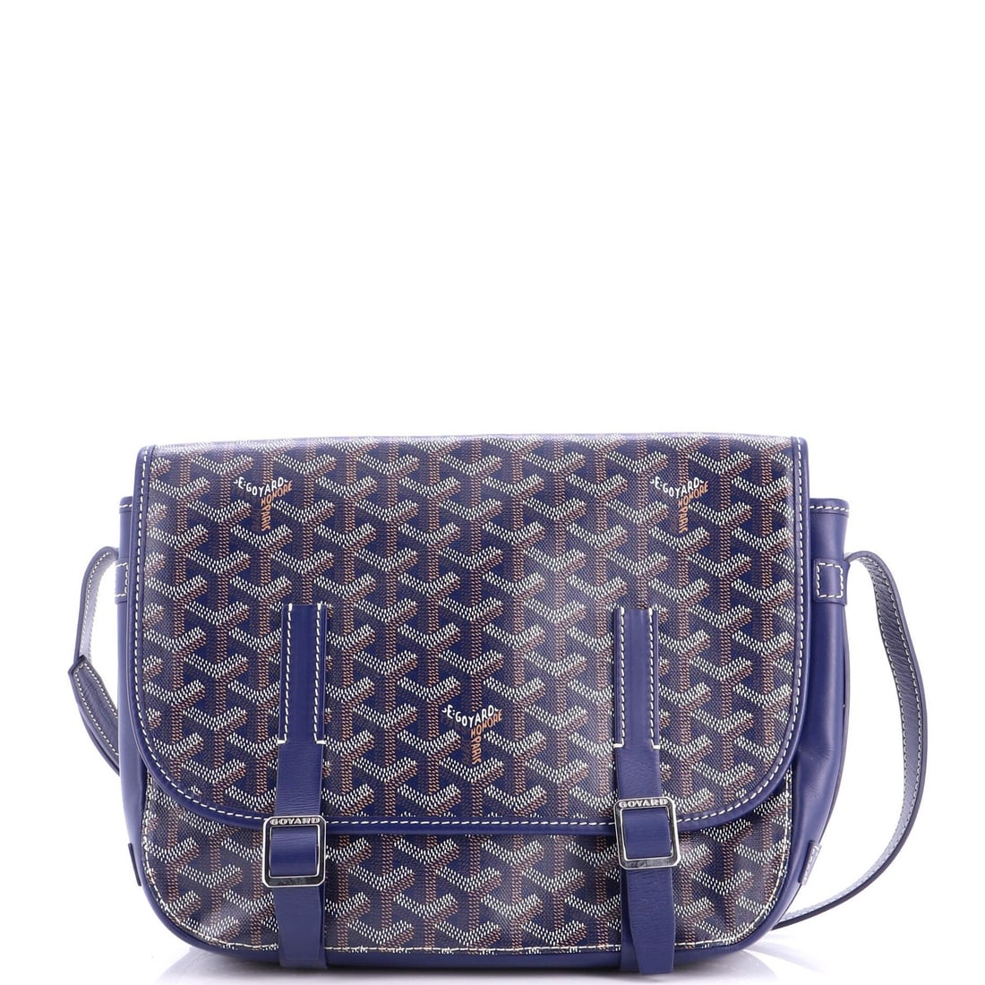 Goyard Belvedere Messenger Bag Coated Canvas MM: Goyard Belvedere Messenger Bag Coated Canvas MM The Goyard Belvedere Messenger Bag Coated Canvas MM boasts a striking blue exterior with subtle scuffs and edge wear, giving it a well-loved, seasoned