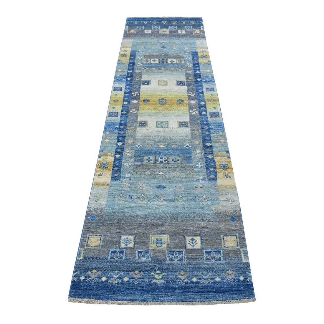 2'5"x9'7" Denim Blue Hand Knotted Kashkuli Gabbeh Velvety Wool Runner Rug: 2'5"x9'7" Denim Blue Hand Knotted Kashkuli Gabbeh Velvety Wool Runner Rug Hand-knotted in Afghanistan, this stunning Denim Blue Gabbeh Velvety Wool Runner Rug boasts a rich, velvety pile and intricate