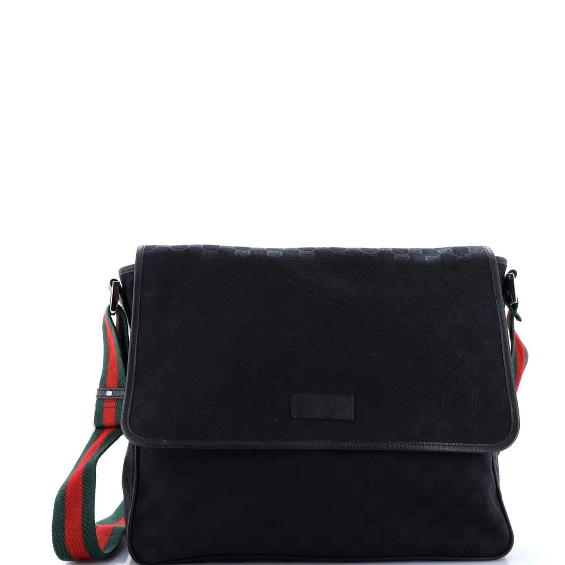 Gucci medium messenger flap web canvas strap: Gucci medium messenger flap web canvas strap Canvas medium messenger flap web strap from Gucci, featuring black exterior and interior with silver hardware. The strap has heavy edge wear, corner wear, 