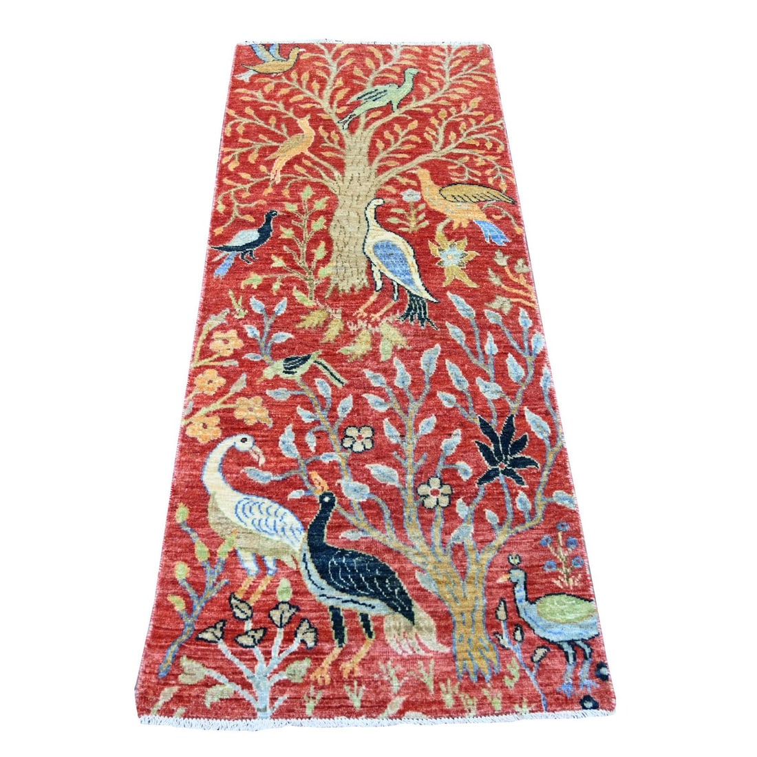 2'6"x6' Red Peshawar Birds of Paradise Design Hand Knotted Soft Wool Runner: 2'6"x6' Red Peshawar Birds of Paradise Design Hand Knotted Soft Wool Runner Softly glowing red hues adorn this stunning hand-knotted wool runner, featuring an intricate Peshawar Birds of Paradise desi