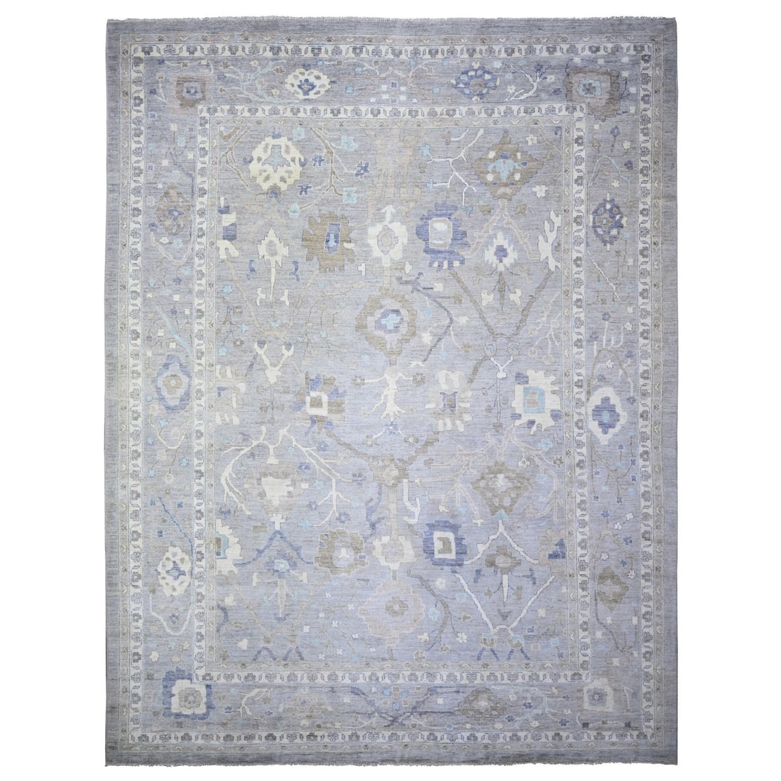 12'x15'6" Gray Hand Knotted Afghan Angora Oushak Pure Wool Oversized Rug: 12'x15'6" Gray Hand Knotted Afghan Angora Oushak Pure Wool Oversized Rug The Afghan Oushak rug boasts an impressive size, measuring 12'0" x 15'6". Its stunning grey color and intricate hand-knotted wo