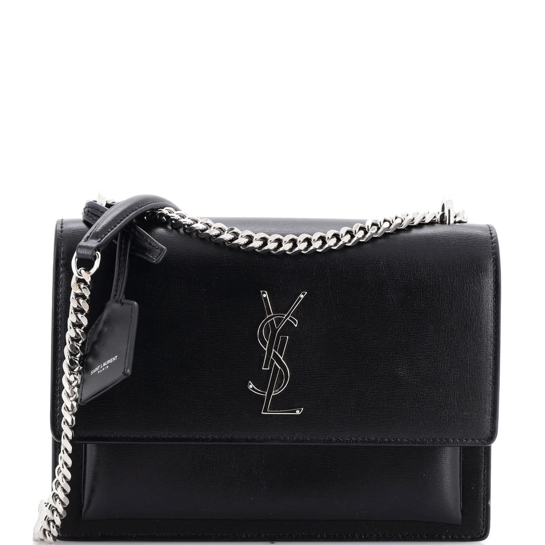 Saint Laurent Crossbody Bag Leather Medium Sunset: Saint Laurent Crossbody Bag Leather Medium Sunset The Saint Laurent Crossbody Bag Leather Medium Sunset boasts sleek black leather exterior with subtle scuffs and edge wear, adding to its worn-in char