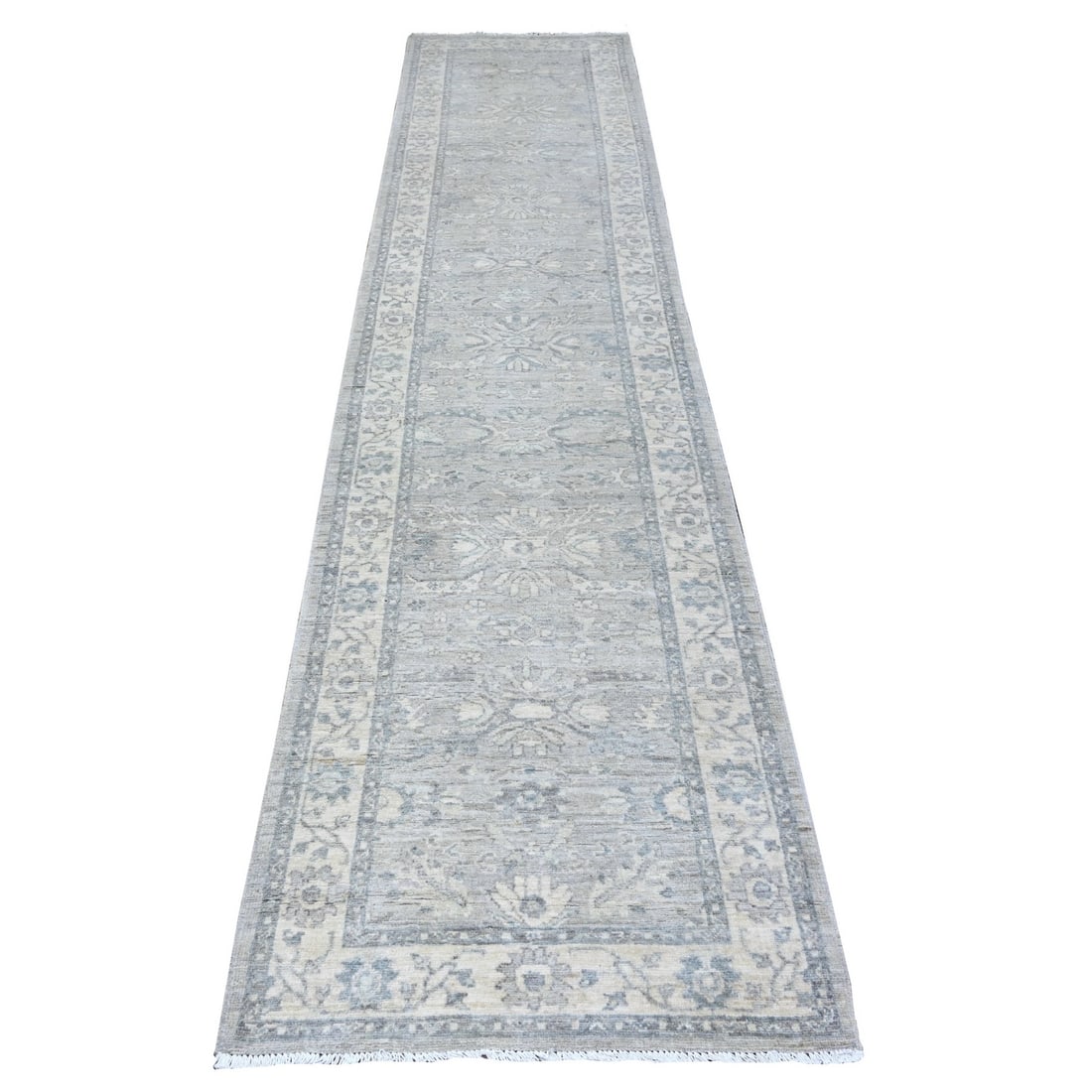 2'8"x11'10" Lazy Gray Wool Hand Knotted Finer Peshawar Heris Runner Rug: 2'8"x11'10" Lazy Gray Wool Hand Knotted Finer Peshawar Heris Runner Rug The 2'8"x11'10" Lazy Gray Wool Hand Knotted Finer Peshawar Heris Runner Rug boasts a striking grey hue and intricate hand-knotti