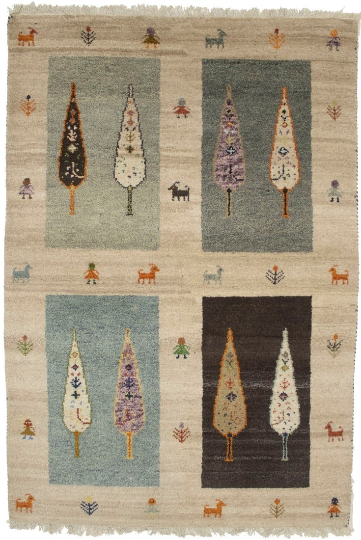 4X6 Handmade Indo-Gabbeh Rug Modern Pictorial Garden Design Home Decor Carpet Hand-Knotted: 4X6 Handmade Indo-Gabbeh Rug Modern Pictorial Garden Design Home Decor Carpet Hand-Knotted Hand-knotted in wool, this 4'0" x 5'11" modern pictorial garden design rug boasts a thick pile and vibrant mu