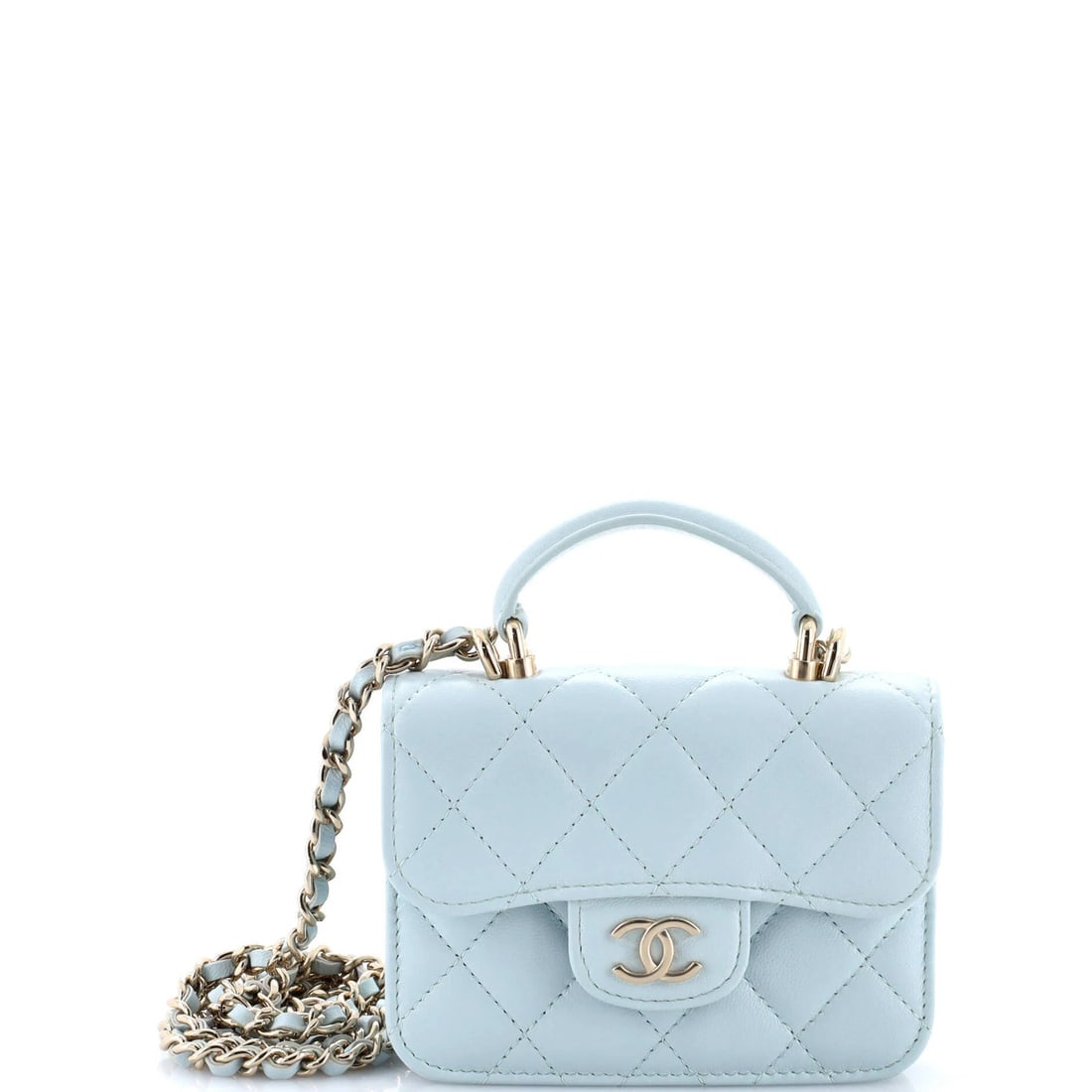 Handle flap coin purse chain quilted lambskin top with Chanel: Handle flap coin purse chain quilted lambskin top with Chanel Blue quilted lambskin top with chain and flap coin purse, featuring a classic Chanel design. The exterior leather has minor scuffs and