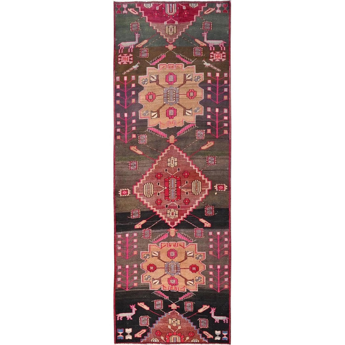 3'2"x9'4" Colorful Vintage Northwest Zoroastrian Hand Knotted Wool Runner: 3'2"x9'4" Colorful Vintage Northwest Zoroastrian Hand Knotted Wool Runner Colorful and intricately woven, this vintage Zoroastrian hand knotted wool runner boasts an eye-catching multicolored geometri