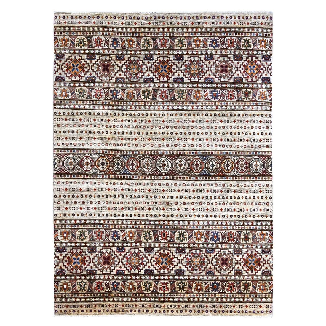 8'1"x11'3" Ivory Afghan Super Kazak Khorjin Design Hand Knotted Wool Rug: 8'1"x11'3" Ivory Afghan Super Kazak Khorjin Design Hand Knotted Wool Rug This stunning 8'1"x11'3" Ivory Afghan Super Kazak Khorjin Design Hand Knotted Wool Rug boasts an all-over regional design in a 