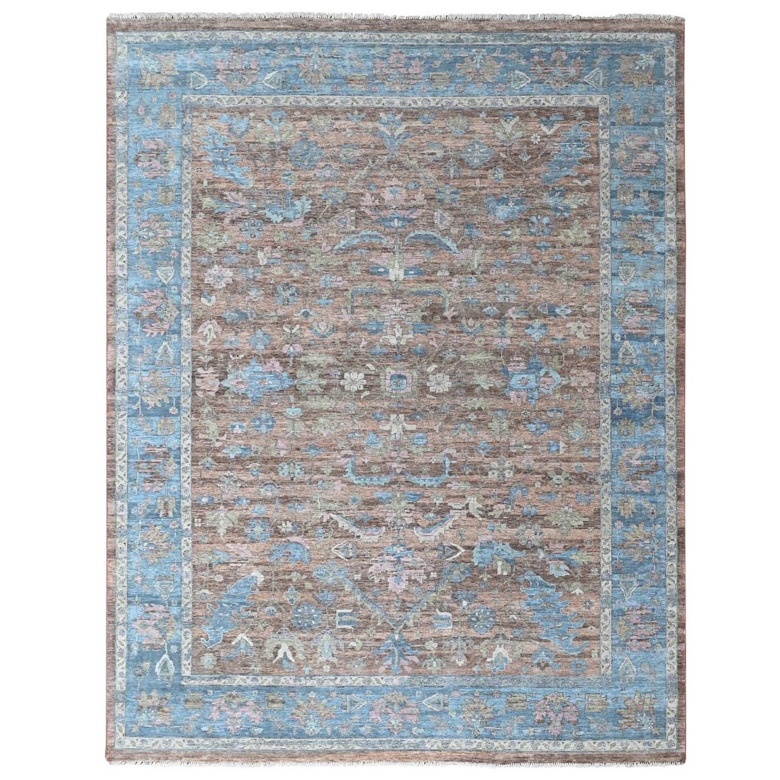9'x11'9" Brown Antiqued Zoroastrian Heris Design Hand Knotted Wool Rug: 9'x11'9" Brown Antiqued Zoroastrian Heris Design Hand Knotted Wool Rug This stunning 9'x11'9" Brown Antiqued Zoroastrian Heris Design Hand Knotted Wool Rug boasts a rich, all-over regional design in s