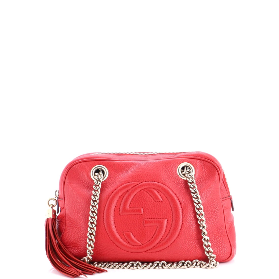 Soho Chain Zip Leather Gucci Small Bag: Soho Chain Zip Leather Gucci Small Bag Red leather exterior, gold tone hardware, and neutral interior make up the Soho Chain Zip Shoulder Bag from Gucci. Measuring 7" tall and 10.5" wide, this small b