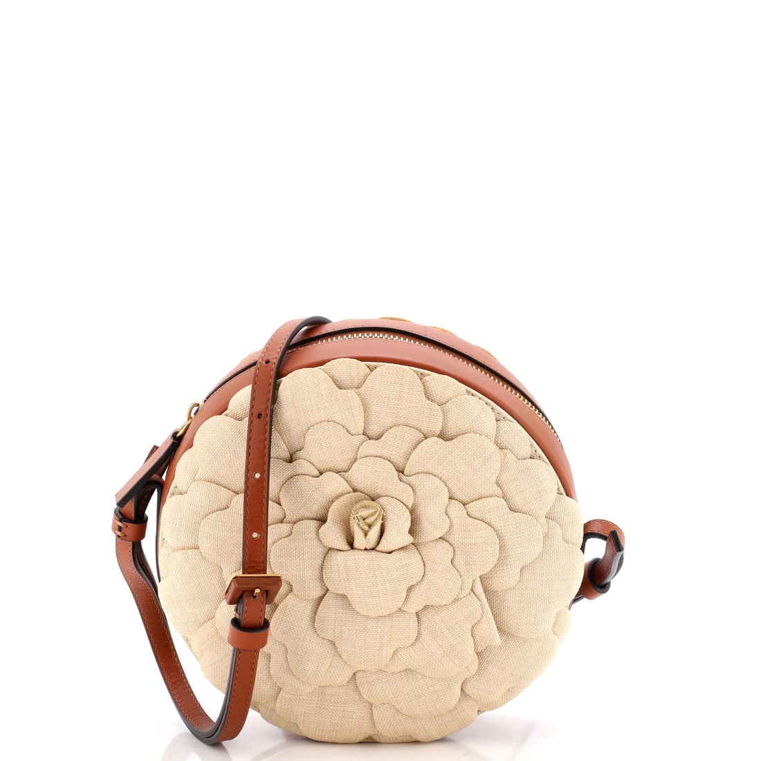 Valentino Garavani Atelier 03 Rose Edition Round Crossbody Bag Canvas: Valentino Garavani Atelier 03 Rose Edition Round Crossbody Bag Canvas The Valentino Garavani Atelier 03 Rose Edition Round Crossbody Bag Canvas boasts a neutral exterior with minor scuffs, and feature