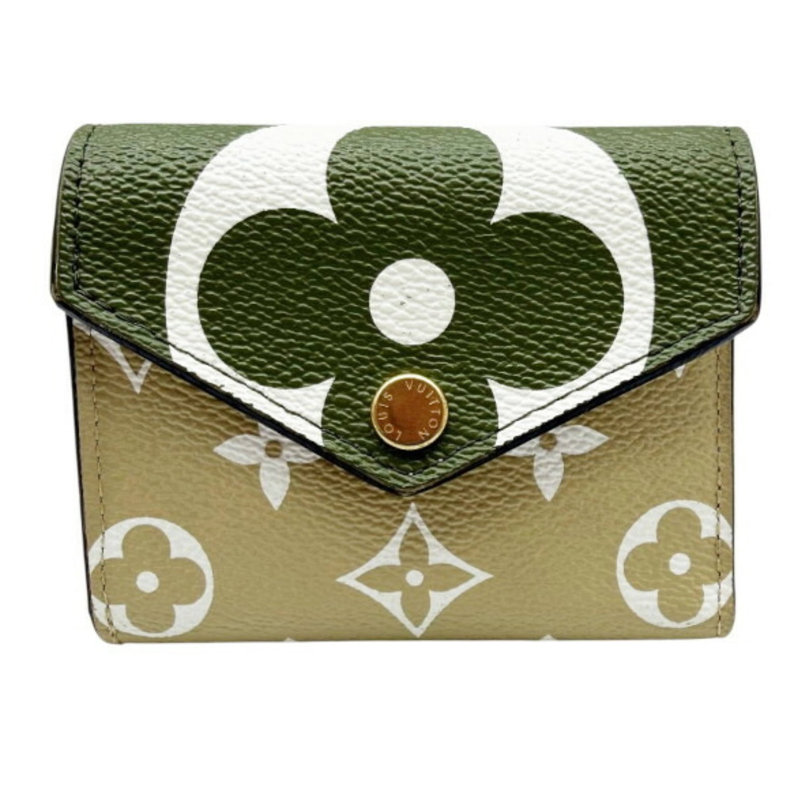 Louis Vuitton Wallet (Tri-Fold) Monogram: Louis Vuitton Wallet (Tri-Fold) Monogram Tri-fold wallet with iconic Louis Vuitton monogram design in beige and khaki colors. Made from high-quality materials, the wallet measures 8cm x 9.5cm x 1cm. T