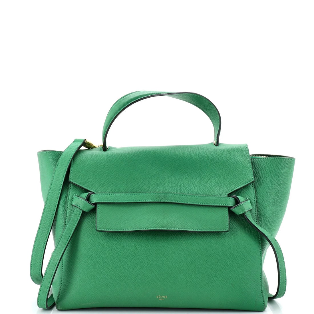 Mini Textured Leather Bag Belt Celine: Mini Textured Leather Bag Belt Celine The Celine Mini Textured Leather Bag Belt features a unique textured leather exterior in green, with suede interior and gold hardware. Measuring 4" handle drop an