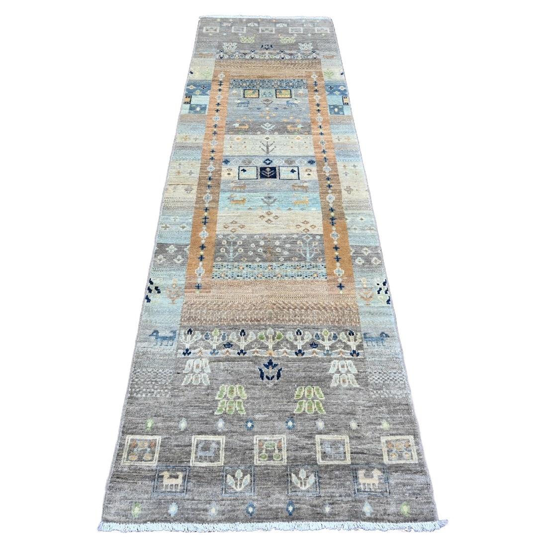 2'8"x9'7" Gray Fine Kashkuli Animal Figurine Wool Hand Knotted Runner Rug: 2'8"x9'7" Gray Fine Kashkuli Animal Figurine Wool Hand Knotted Runner Rug The Kashkuli Animal Figurine Wool Hand Knotted Runner Rug boasts an impressive size, measuring 2'8" x 9'7", and features a stu