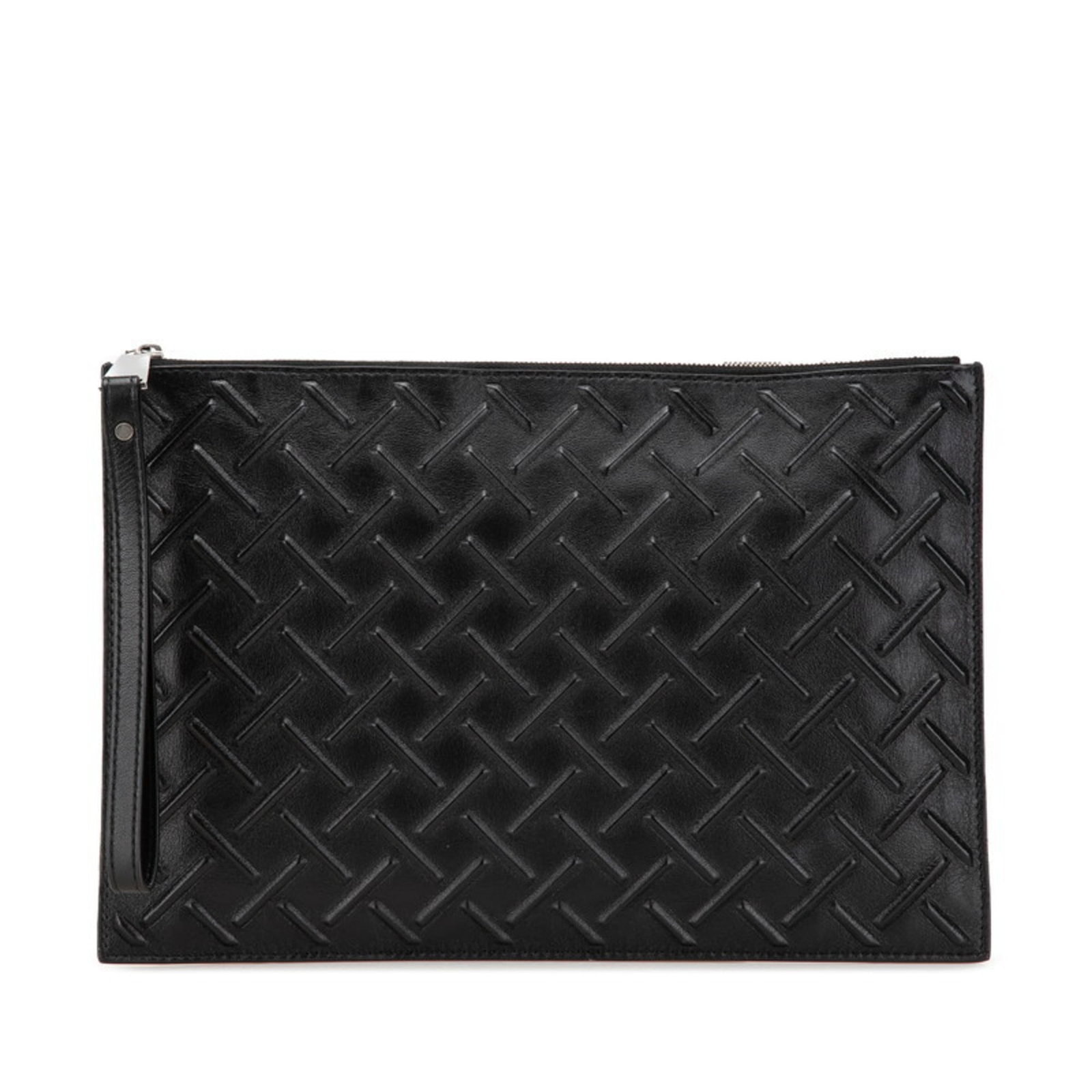 Leather clutch from Bottega Veneta: Leather clutch from Bottega Veneta Bottega Veneta's black leather clutch boasts sleek lines and a compact size, measuring 20cm x 29.5cm x 1cm. The bag comes with a dust bag for added protection,