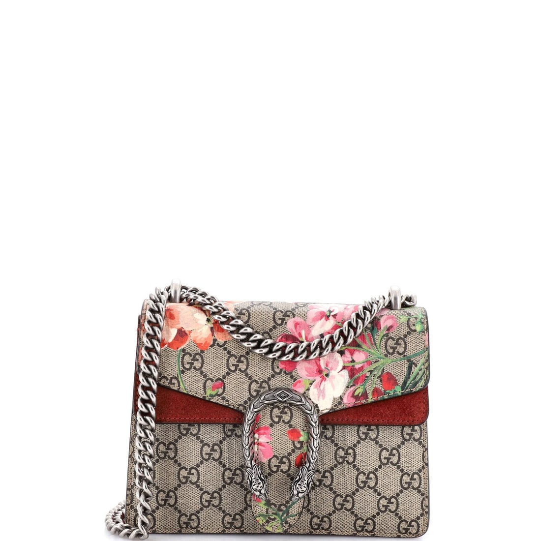 Gucci Dionysus bag blooms print coated canvas mini GG: Gucci Dionysus bag blooms print coated canvas mini GG The Gucci Dionysus bag blooms print coated canvas mini GG boasts a striking brown exterior with a vibrant red bloom print, adding a touch of elega