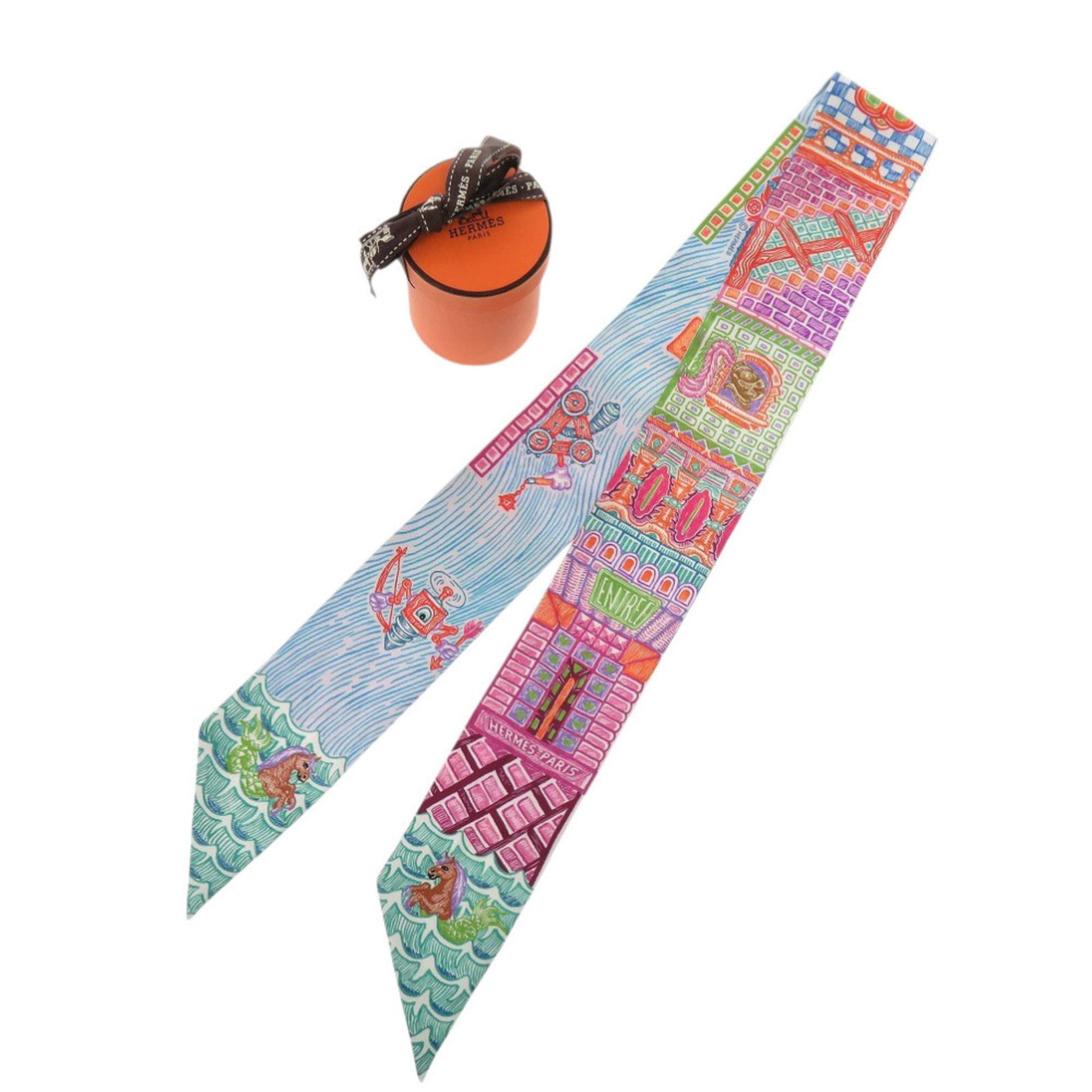 Hermes silk scarf: Hermes silk scarf Silk from France, the Hermes scarf boasts vibrant orange and turquoise hues in an 86cm x 33.85'' design. Made from high-quality silk, this scarf showcases a unique color combination 