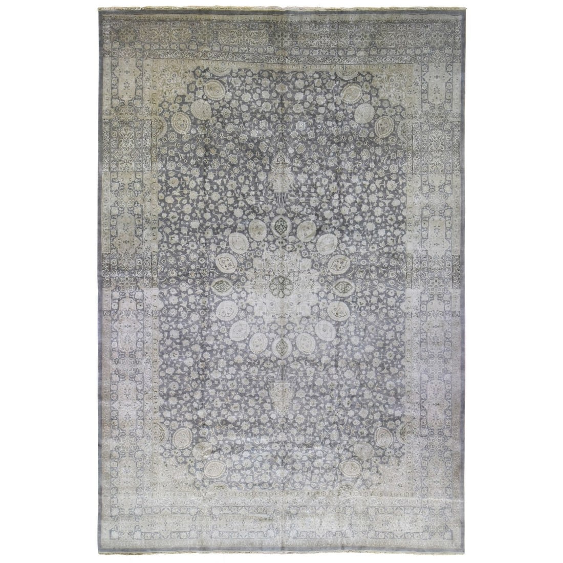 12'5"x19'4" Gray Farsian Tebraz Hand Knotted Pure Wool Oversized Rug: 12'5"x19'4" Gray Farsian Tebraz Hand Knotted Pure Wool Oversized Rug The Farsian Tebraz Hand Knotted Pure Wool Oversized Rug boasts an impressive rectangular field with intricate grey and brown tones,