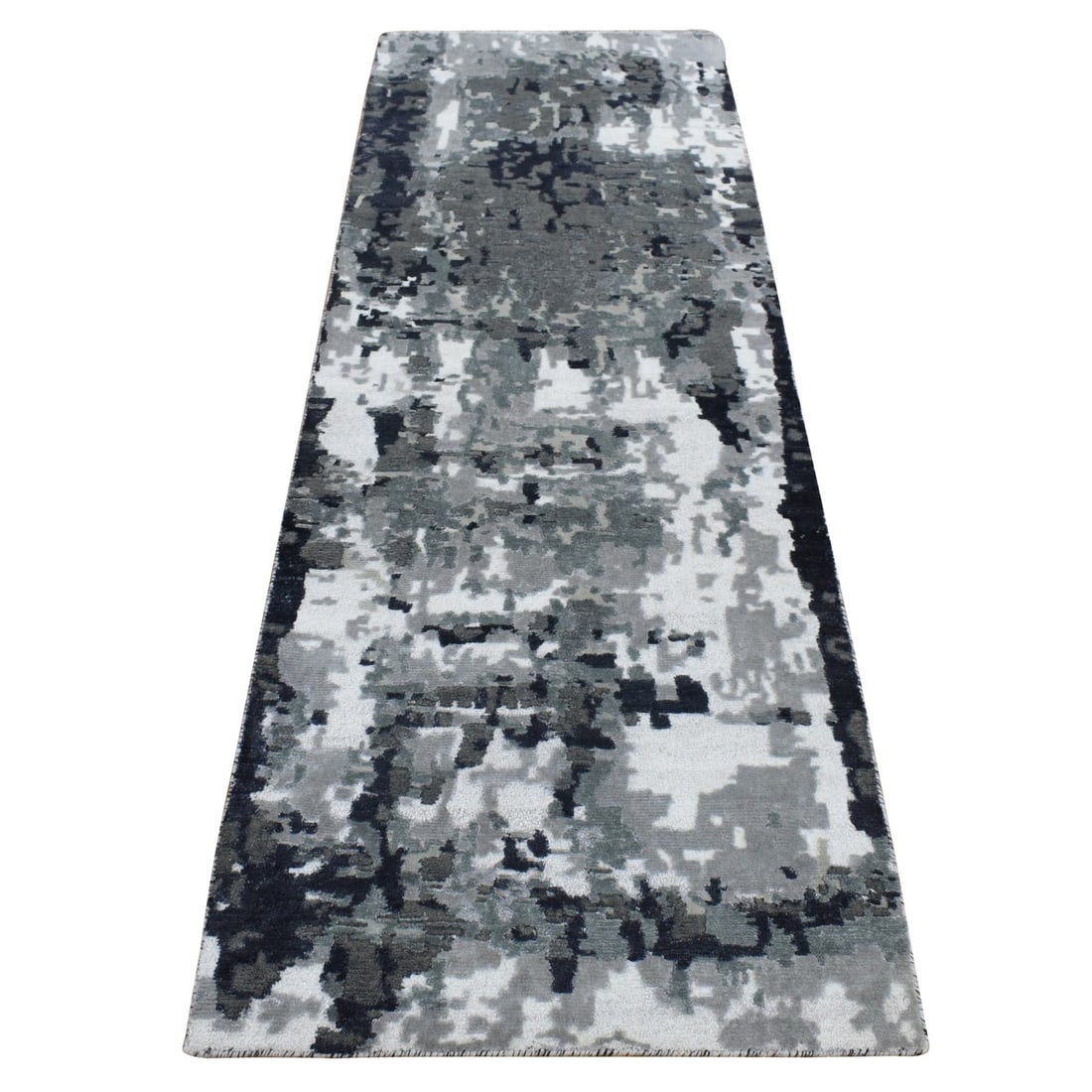 2'6"x7'7" Black Abstract Design Wool and Silk Hand Knotted Runner Rug: 2'6"x7'7" Black Abstract Design Wool and Silk Hand Knotted Runner Rug This stunning black abstract design wool and silk hand knotted runner rug boasts an intricate, oriental-inspired pattern. Measurin