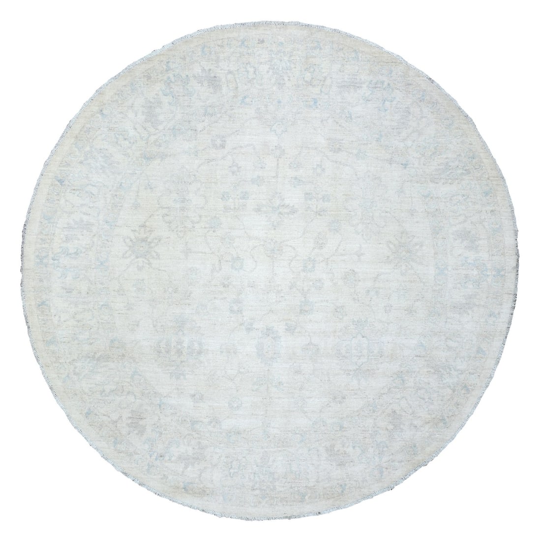 Ivory white wash round rug peshawar soft wool hand knotted 7'10"x7'10: Ivory white wash round rug peshawar soft wool hand knotted 7'10"x7'10 Soft and elegant, this ivory white wash round Afghan rug boasts a stunning hand-knotted design in rich wool fibers. Measuring 7'10