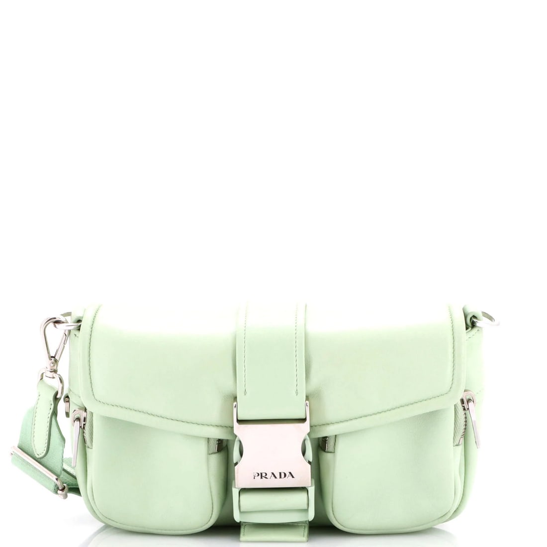 Padded leather small crossbody bag buckle Prada nappa: Padded leather small crossbody bag buckle Prada nappa Padded leather small crossbody bag buckle from Prada, featuring nappa leather exterior in green. The bag boasts a padded buckle and detachable str