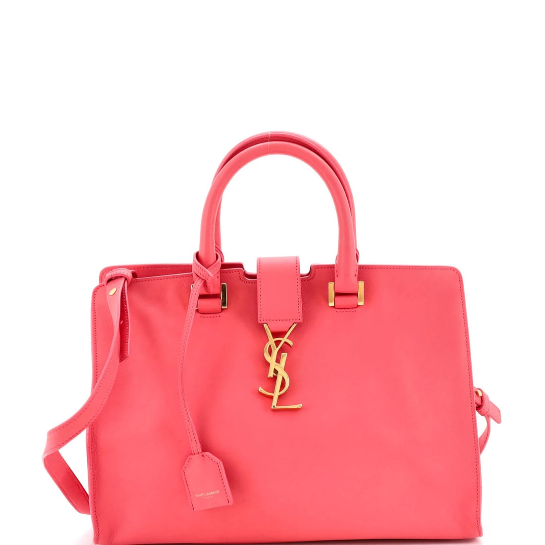 Small leather cabas monogram Saint Laurent: Small leather cabas monogram Saint Laurent Small leather cabas monogram Saint Laurent in pink, featuring a classic design with scuffs and creases on the exterior. The interior is adorned with suede li