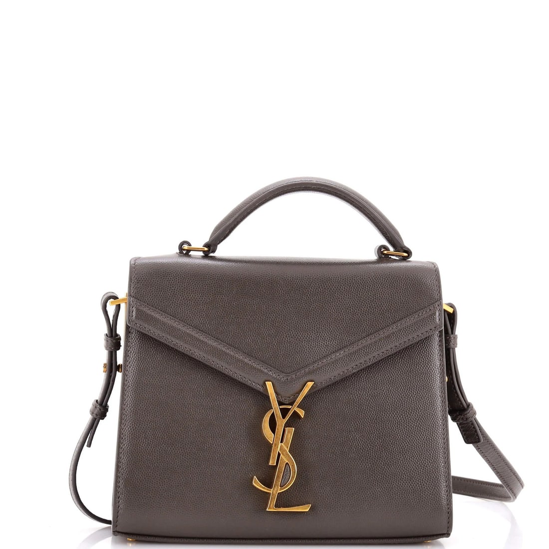 Saint Laurent leather bag mini top handle Cassandra: Saint Laurent leather bag mini top handle Cassandra The Saint Laurent leather bag Cassandra features a sleek, gray mini top handle design with gold hardware. Made from high-quality leather, the exteri