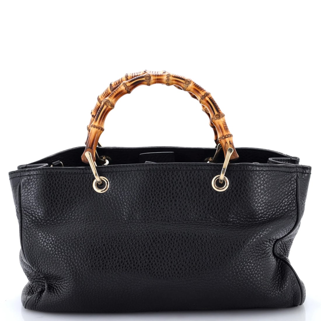 Bamboo Shopper Gucci Tote Medium Leather: Bamboo Shopper Gucci Tote Medium Leather Black leather Gucci Bamboo Shopper Tote in medium size, featuring gold hardware and a classic design. The exterior shows signs of wear, including heavy corner 
