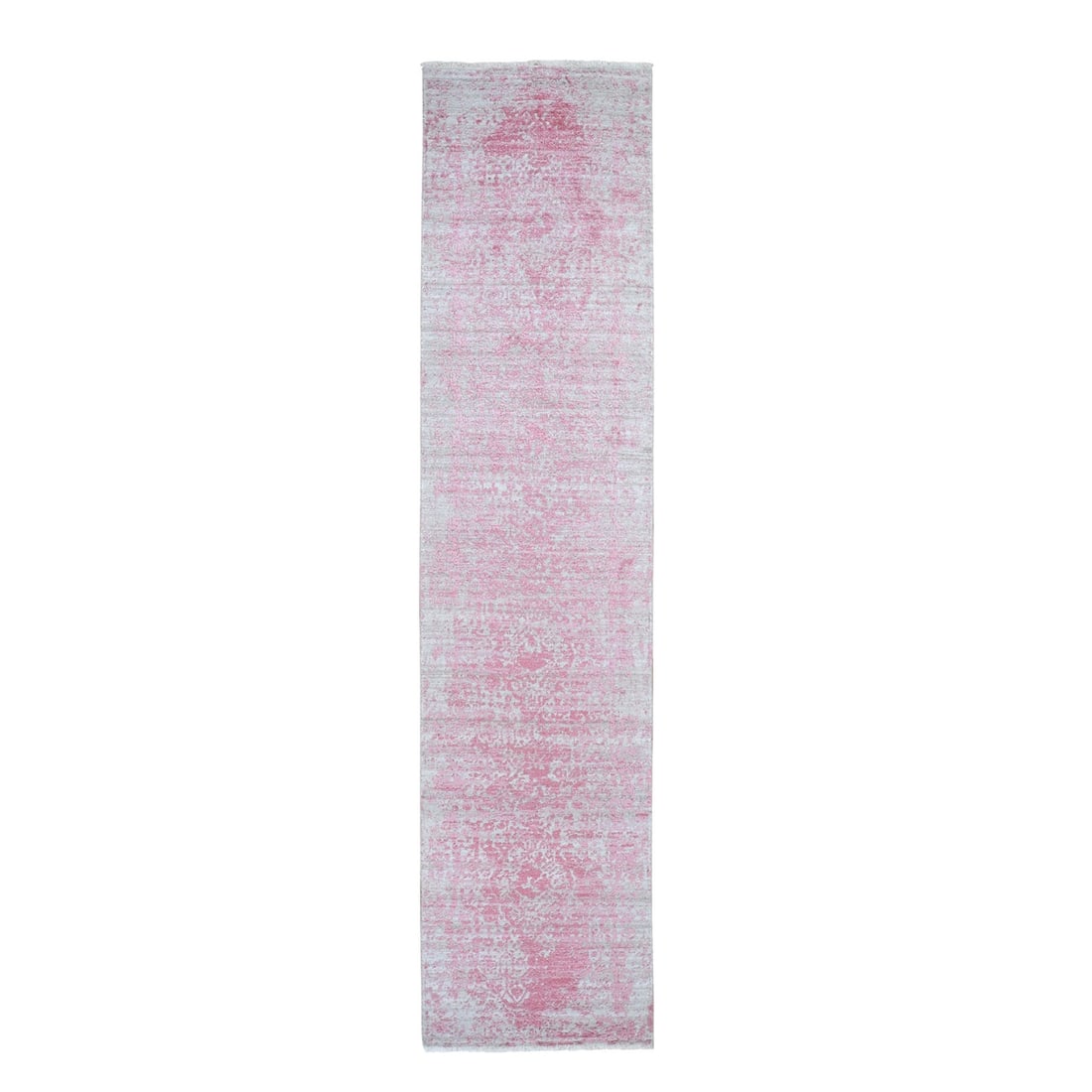 2'8"x11'10" Broken Farsian Design Runner Tone on Tone Wool and Silk Rug: 2'8"x11'10" Broken Farsian Design Runner Tone on Tone Wool and Silk Rug 32" wide, hand-knotted wool and silk runner rug with an oriental design in pink tone on tone. Measuring 2'8"x11'10", this unique