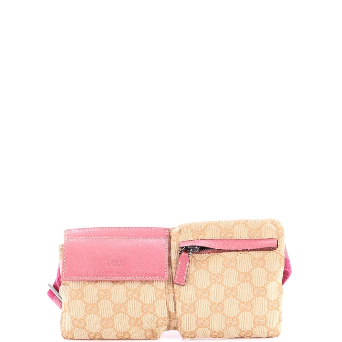 Gucci Vintage Double Belt Bag Canvas with Leather Small: Gucci Vintage Double Belt Bag Canvas with Leather Small Canvas and leather come together in this Gucci Vintage Double Belt Bag, featuring a pink exterior with brown interior. The bag's canvas plain ex