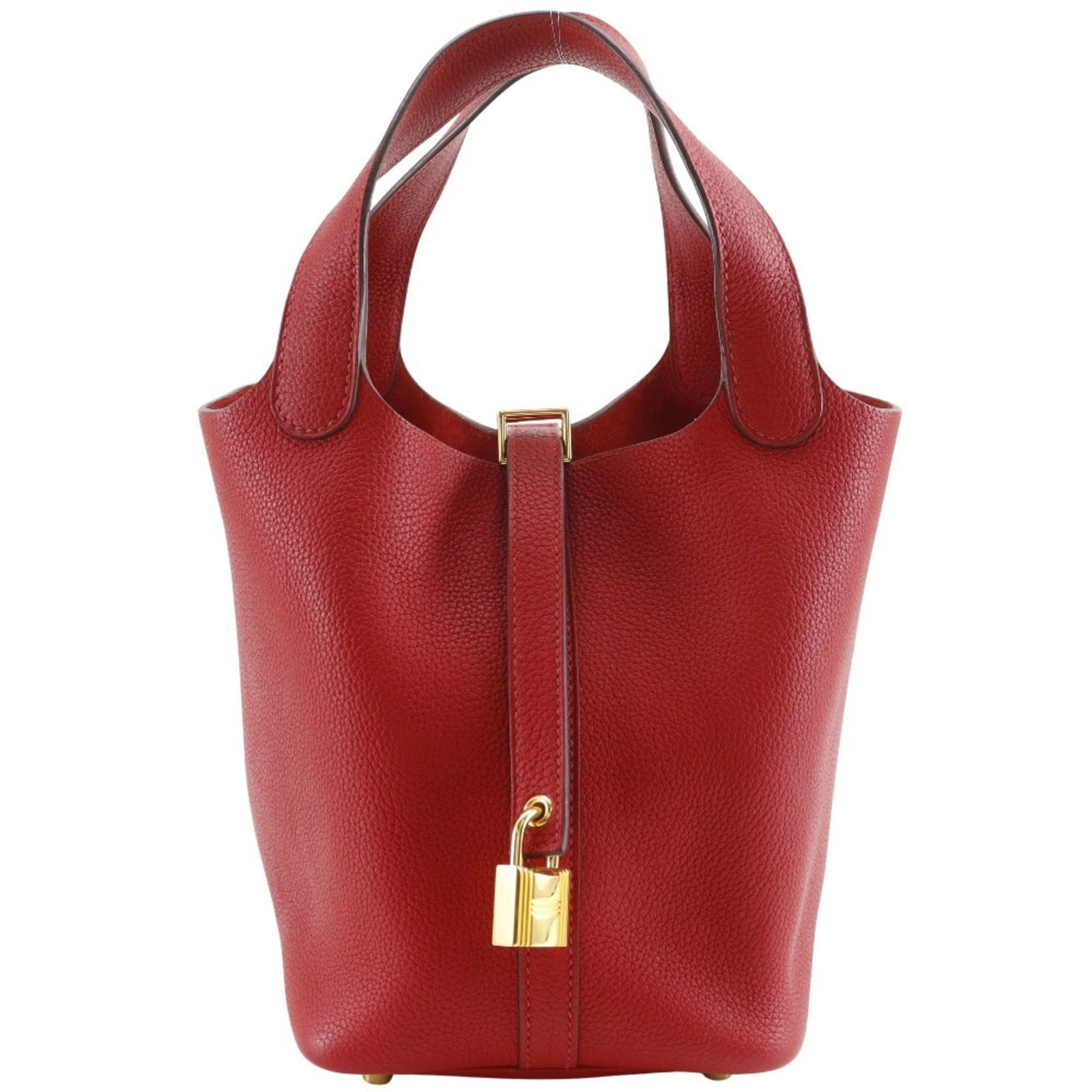 Handbag by Hermes: Handbag by Hermes The iconic Picotin handbag by Hermes features a striking red color and elegant gold hardware, making it a timeless accessory for women. This compact bag measures just 20cm x 18cm x 1