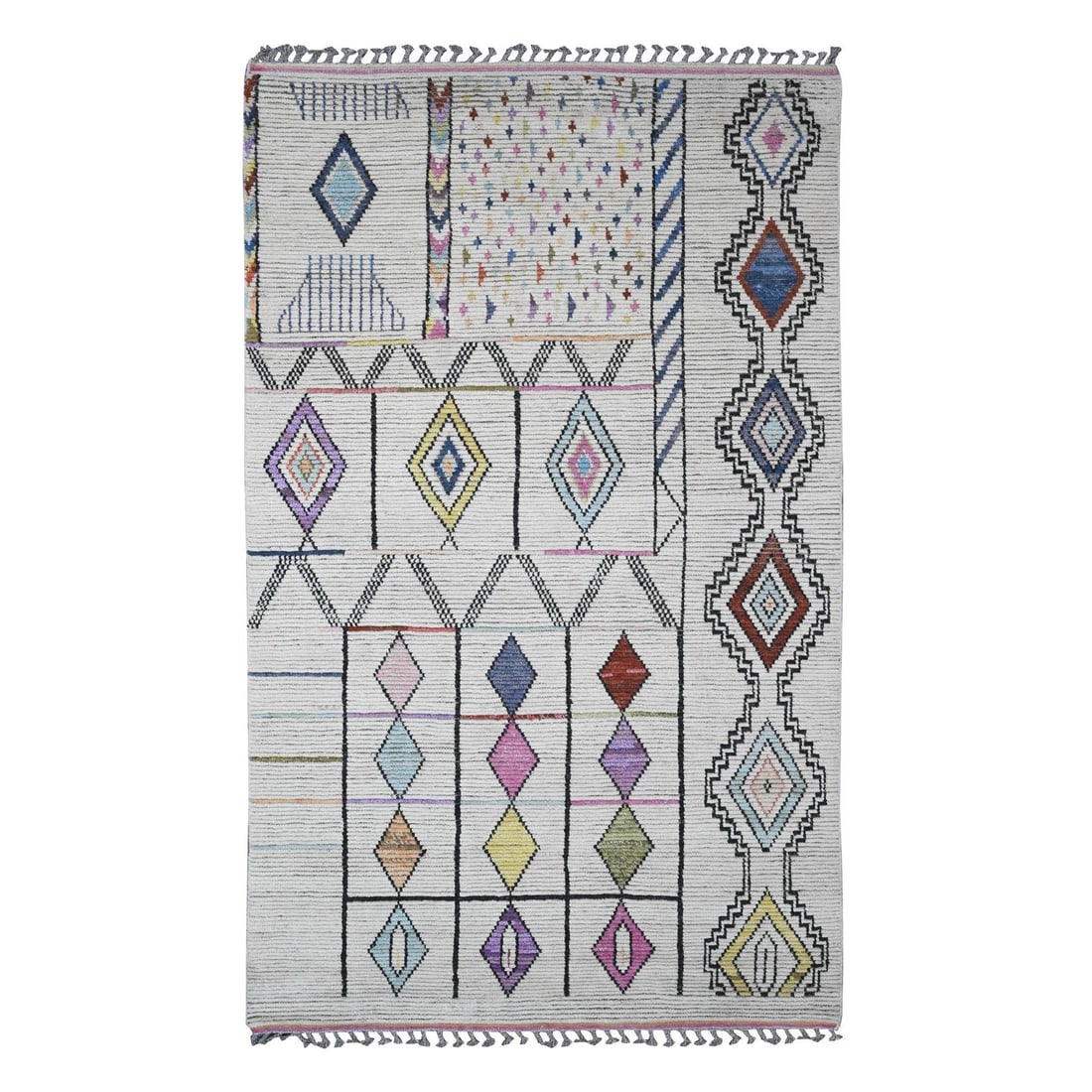 White Moroccan Weave Geometric Design Hand Knotted Soft Wool Rug: White Moroccan Weave Geometric Design Hand Knotted Soft Wool Rug Soft and elegant, this hand-knotted Moroccan weave rug boasts an intricate geometric design in ivory hues. Made from high-quality wool,