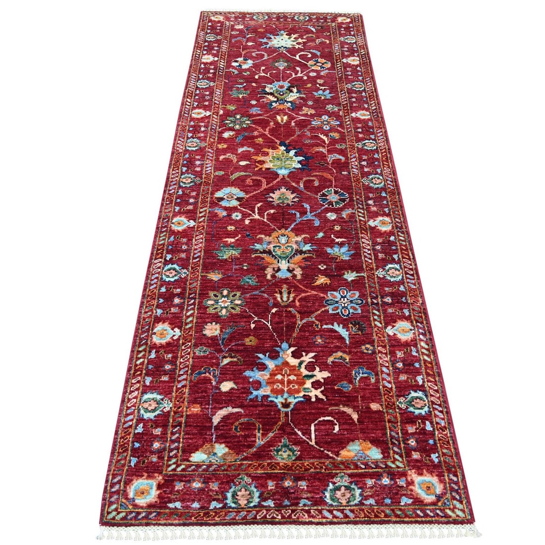 2'9"x8'3" Rust Red Hand Knotted Afghan Sultani Pure Wool Runner Rug: 2'9"x8'3" Rust Red Hand Knotted Afghan Sultani Pure Wool Runner Rug Rust Red Hand Knotted Afghan Sultani Pure Wool Runner Rug boasts an all-over regional design in vibrant red hues, set against a rich