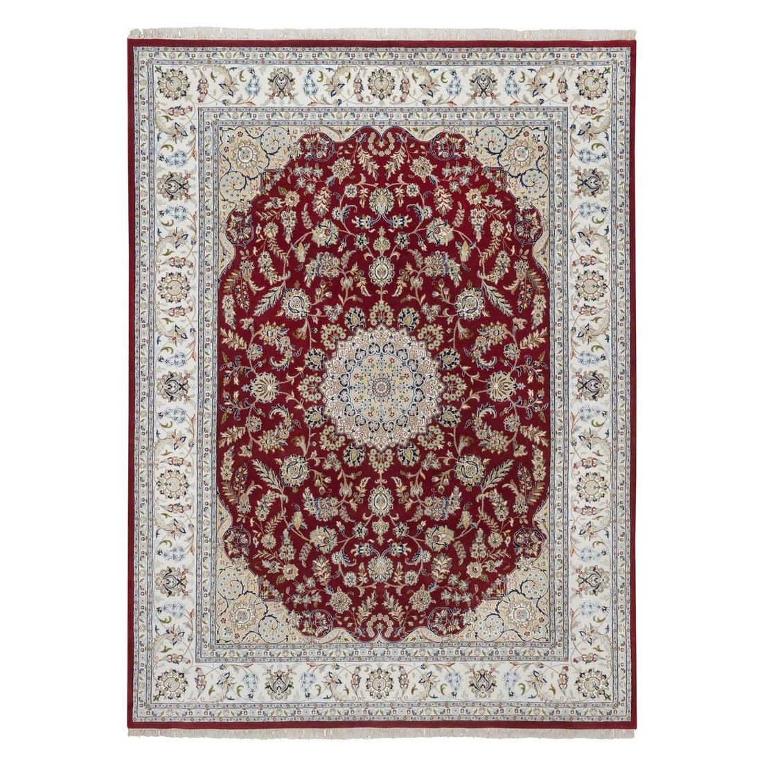8'9"x11'10" Red Nain with Medallion Design Hand Knotted Wool and Silk Rug: 8'9"x11'10" Red Nain with Medallion Design Hand Knotted Wool and Silk Rug 8'9"x11'10" Red Nain with Medallion Design Hand Knotted Wool and Silk Rug boasts an impressive medallion pattern, adding visua