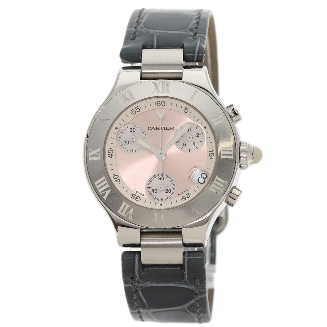 Chronoscaph Sm Watches W1020012 Cartier Stainless Steel Leather: Chronoscaph Sm Watches W1020012 Cartier Stainless Steel Leather Stainless steel and silver tones come together in the sleek design of this Cartier W1020012 watch, featuring a 32mm case size and pink d