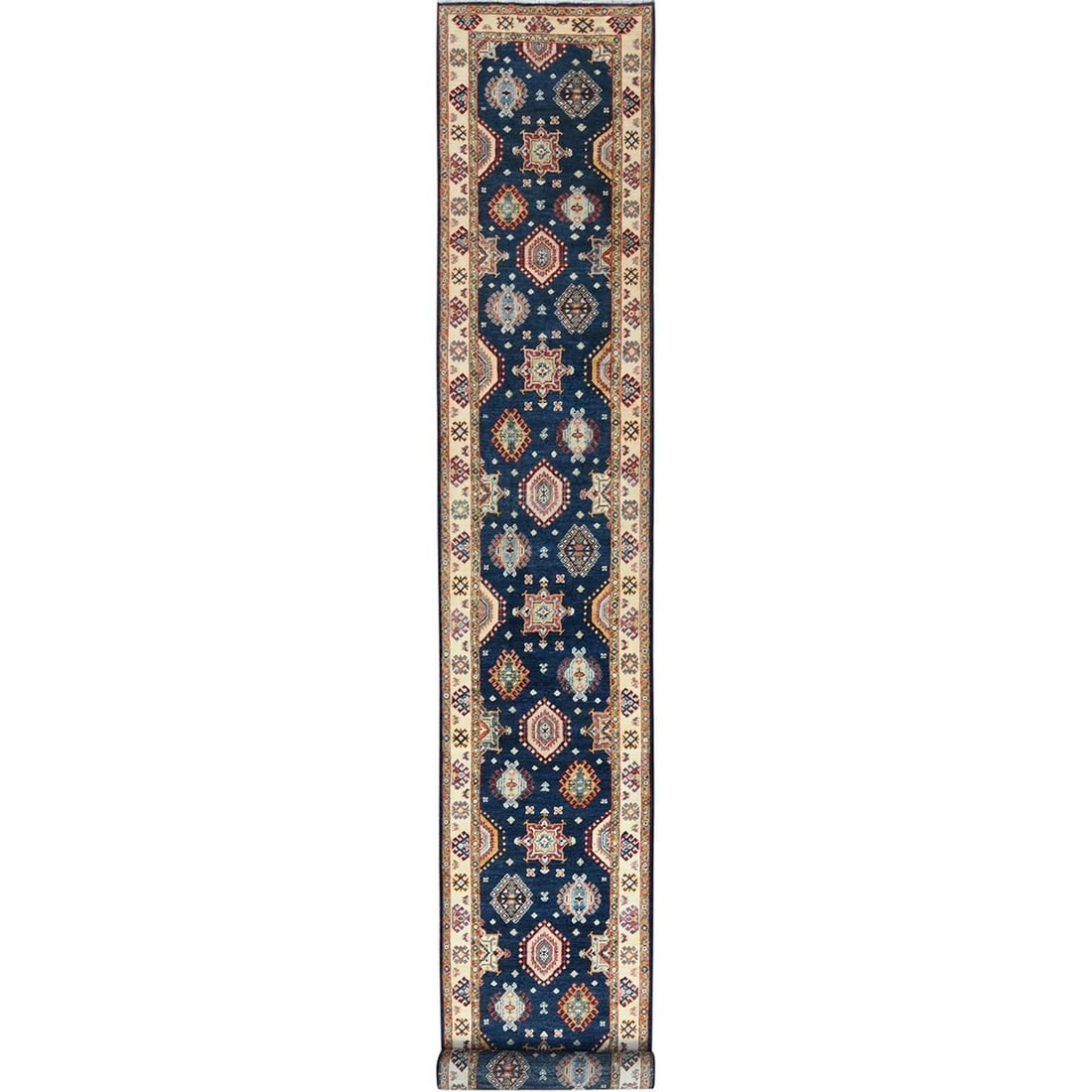 3'x18'6" Yale Blue Soft Wool Hand Knotted Special Kazak XL Runner Rug: 3'x18'6" Yale Blue Soft Wool Hand Knotted Special Kazak XL Runner Rug Soft and vibrant, this 3'x18'6" Yale Blue Soft Wool Hand Knotted Special Kazak XL Runner Rug boasts a stunning blue hue. Made from