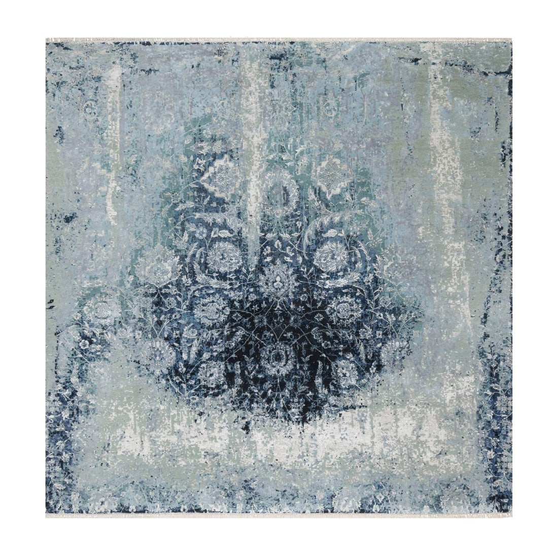 10'2"x10'4" Gray Wool and Silk Hand Knotted Tebraz Design Square Rug: 10'2"x10'4" Gray Wool and Silk Hand Knotted Tebraz Design Square Rug The 10'2"x10'4" Gray Wool and Silk Hand Knotted Tebraz Design Square Rug boasts an elegant, timeless design with a subtle grey colo