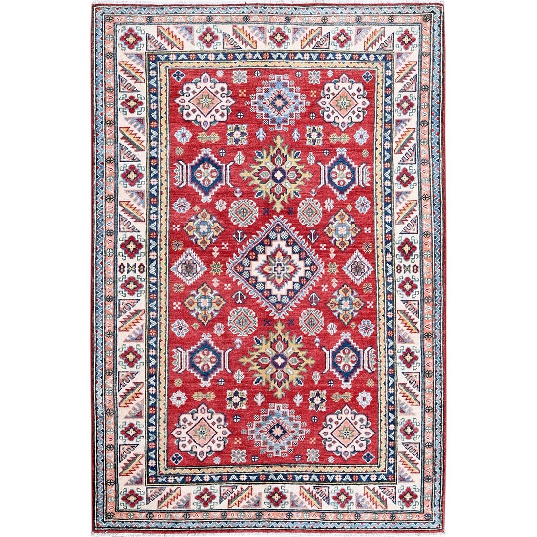 4'x6' Red Kazak with Geometric Medallions Design Soft Wool Hand Knotted Rug: 4'x6' Red Kazak with Geometric Medallions Design Soft Wool Hand Knotted Rug Soft wool hand-knotted and intricately designed with geometric medallions, this vibrant red Kazak rug adds a pop of color to