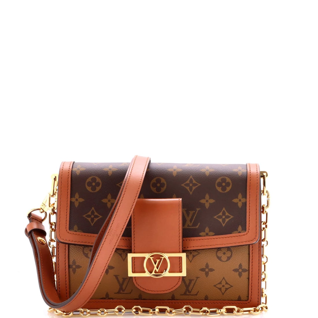 Louis Vuitton Dauphine Shoulder Bag Reverse Monogram Canvas MM: Louis Vuitton Dauphine Shoulder Bag Reverse Monogram Canvas MM Brown Louis Vuitton Dauphine Shoulder Bag with Reverse Monogram Canvas MM features a classic design, measuring Mm in size. The bag's exte