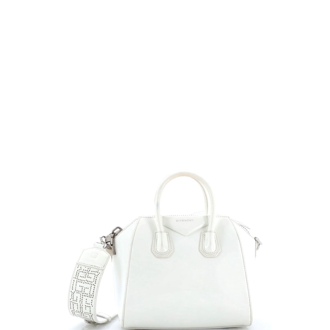 Glazed Leather Mini Bag Antigona Givenchy: Glazed Leather Mini Bag Antigona Givenchy Glazed Leather Mini Bag in White from the iconic Antigona collection by Givenchy. This mini satchel boasts a sleek, white exterior with subtle glaze accents a