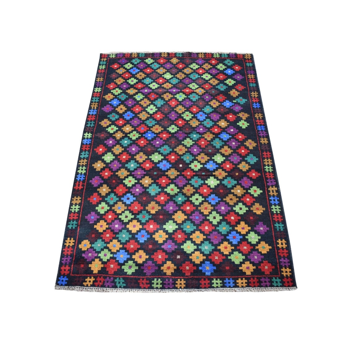 All over hand made design pure wool colorful afghan village rug: All over hand made design pure wool colorful afghan village rug Hand-knotted in pure wool, this vibrant oriental-style afghan village rug boasts an all-over colorful design. Made from natural cotton a