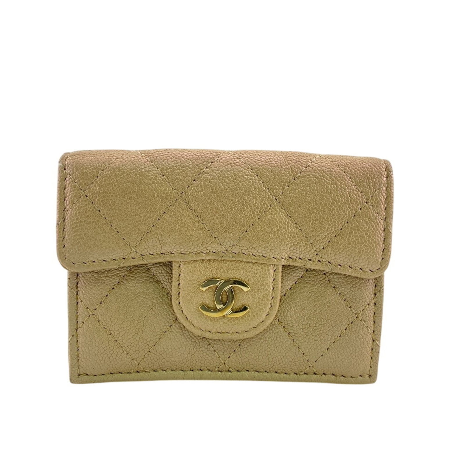 Calfskin Leather Tri Fold Grained Wallet: Calfskin Leather Tri Fold Grained Wallet Calfskin Leather Tri Fold Grained Wallet in Beige with Gold Accents. This tri-fold wallet features high-quality, grained calfskin leather and a classic design.