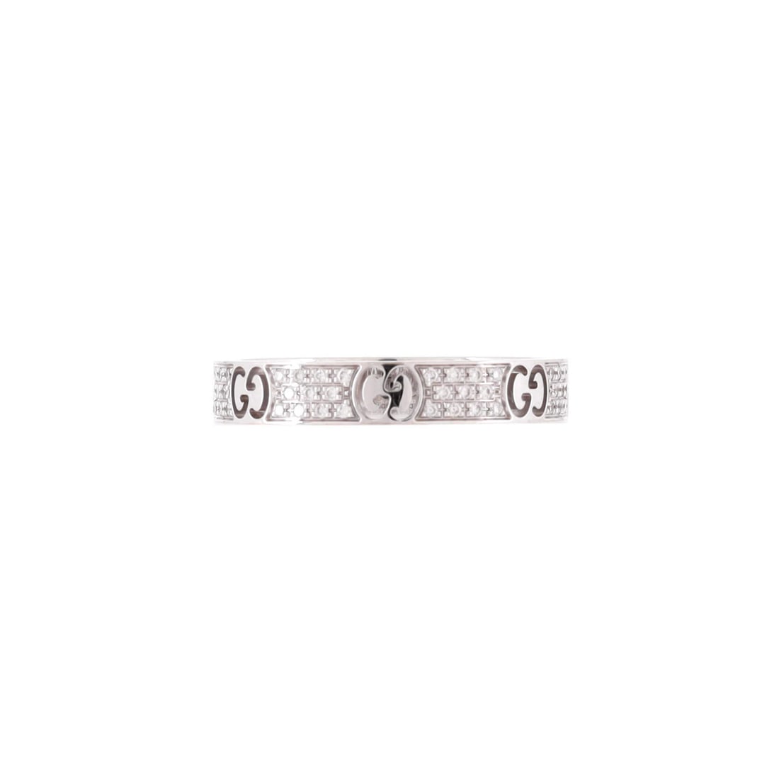 Icon band ring gold pave diamonds white 18K with 4mm Gucci: Icon band ring gold pave diamonds white 18K with 4mm Gucci Iconic Gucci design, the Icon Band Ring boasts 18K white gold pave diamonds and a striking 4mm diamond accent. This stunning ring features 18